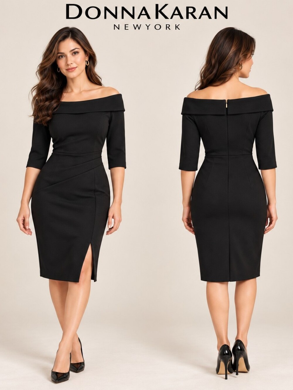 NEW! Donna Karan Black Off-Shoulder Midi Dress Size 6